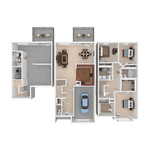 A top down view of a house layout with a kitchen, living room, bedrooms and bathrooms.